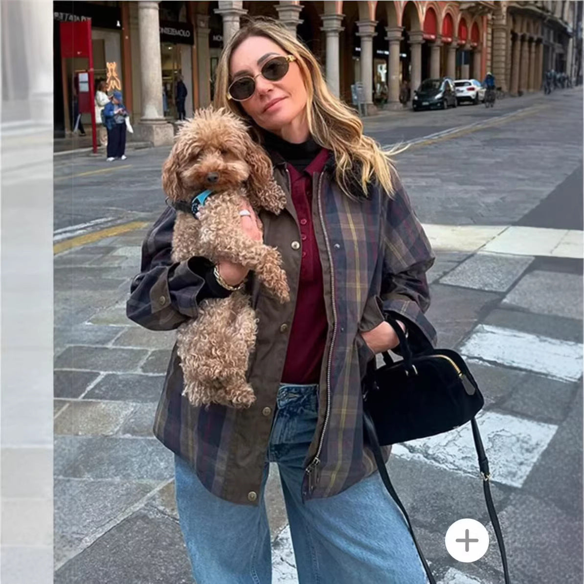 Women’s Oversize Checkered Field Jacket with Waxed Look and Snap Button Placket Fashion Glam