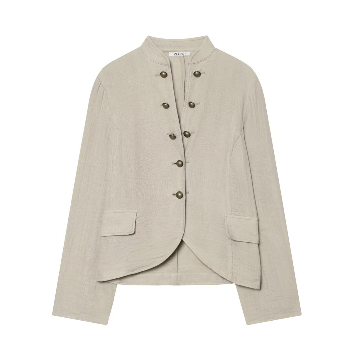 Women's short blazer with Mandarin collar, decorative button placket and curved hem Fashion Glam