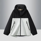 Men's Two-Tone Softshell Hybrid Jacket with Hood, Extended Back and Water-Resistant Zippers Fashion Glam