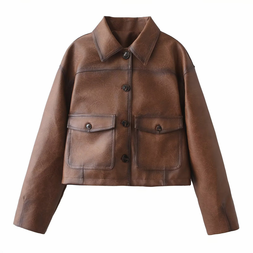 Women's Short Oversized Faux Leather Jacket with Shirt Collar and Flap Pockets Fashion Glam