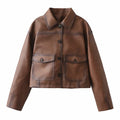 Women's Short Oversized Faux Leather Jacket with Shirt Collar and Flap Pockets Fashion Glam