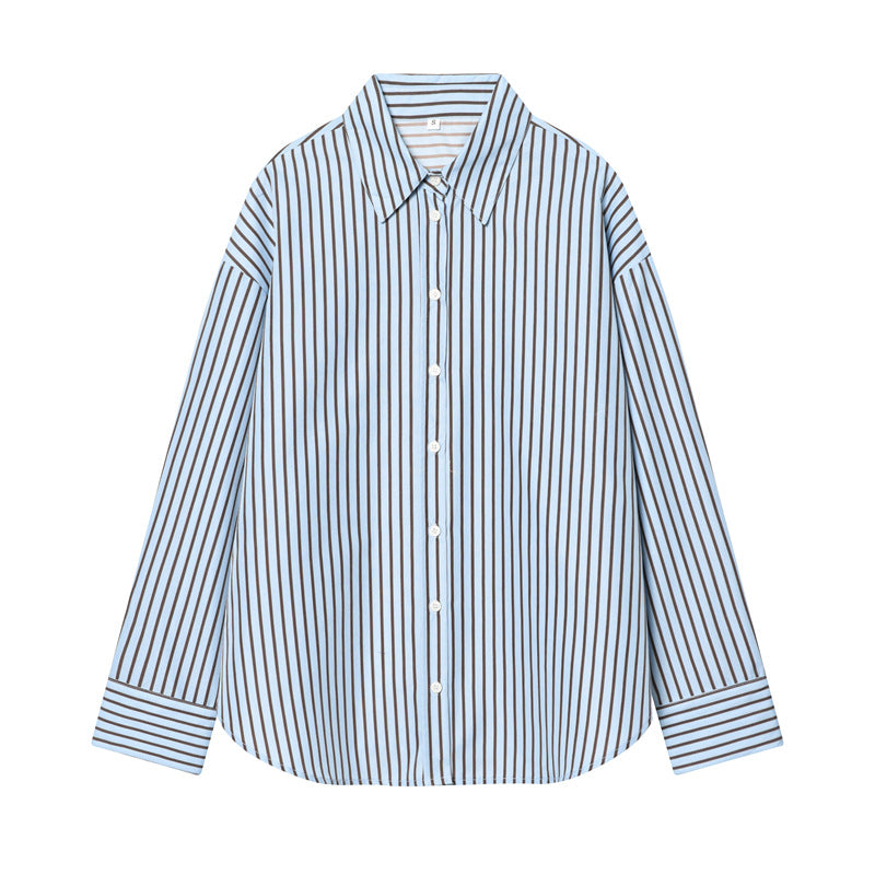 Women Oversized Shirt with Vertical Striped Pattern and Kent Collar Fashion Glam
