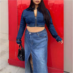 Women's Cropped Denim Hoodie with Zipper and High-Waist Midi Skirt with Front Slit Fashion Glam