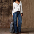 Women's high-waisted wide denim trousers with decorative button placket and casual flare Fashion Glam
