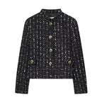 Women's short bouclé tweed jacket with stand-up collar, decorative buttons and patch pockets Fashion Glam