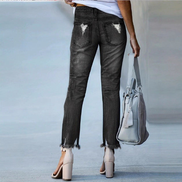 Women Cropped Destroyed Jeans with High Waist, Straight Leg & Raw Frayed Hem Fashion Glam