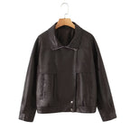 Women Oversized Faux Leather Bomber Jacket with Flap Pockets and Asymmetrical Zipper Fashion Glam