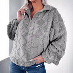 Ladies plush sweater in teddy look with half zipper and structured diamond pattern Fashion Glam