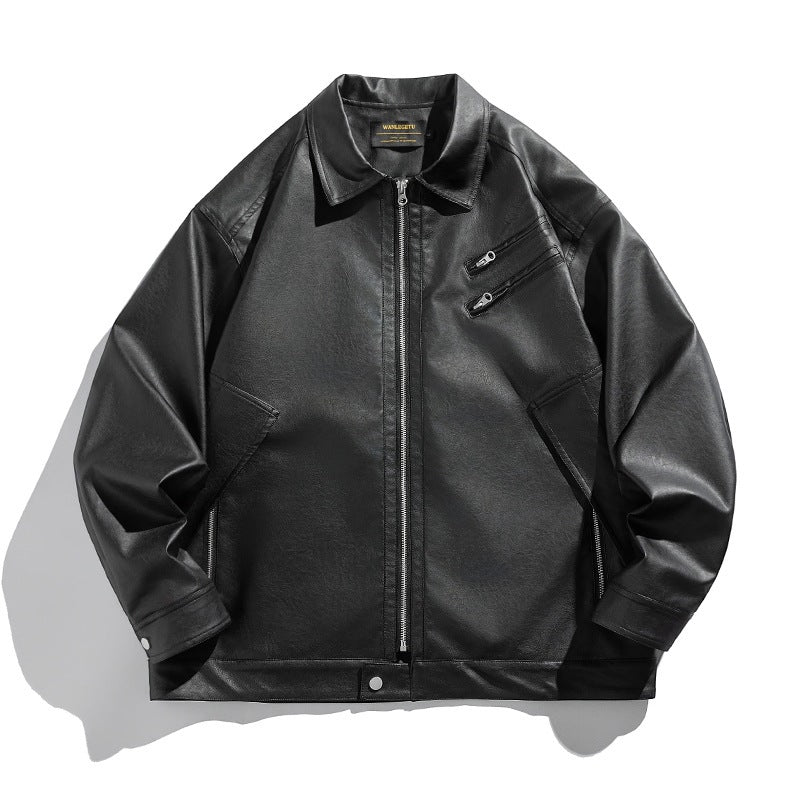 Unisex Boxy Faux Leather Blouson Jacket with Shirt Collar, Diagonal Chest Zip and Snap Hem Fashion Glam