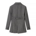 Women Houndstooth Blazer Inspired by Morning Coat with Cutaway Hem and Double-Breasted Button Placket Fashion Glam