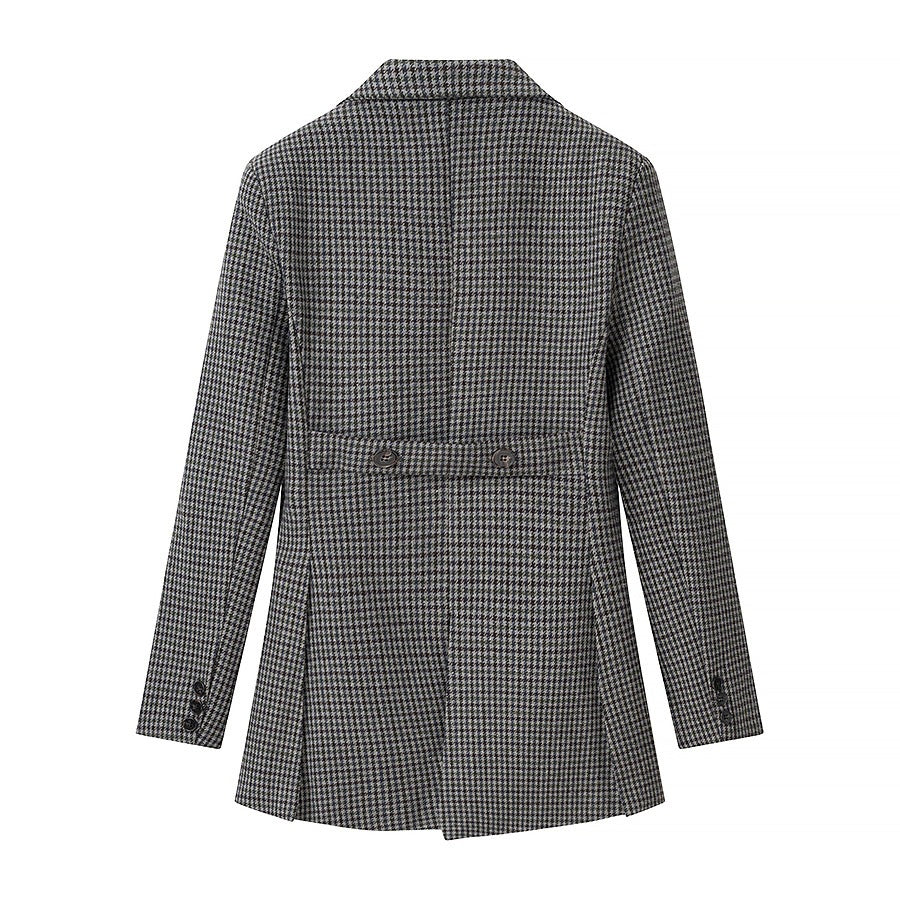 Women Houndstooth Blazer Inspired by Morning Coat with Cutaway Hem and Double-Breasted Button Placket Fashion Glam