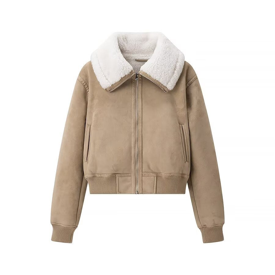 Women's Short Suede Look Bomber Jacket with Teddy Collar and Ribbed Cuffs Fashion Glam