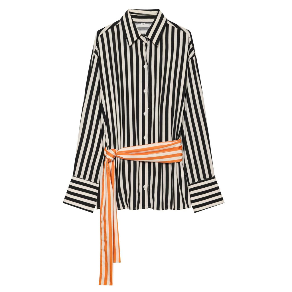 Women Long Sleeve Shirt with Vertical Stripes and Waist Tie Fashion Glam