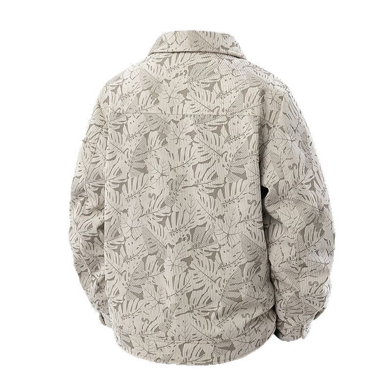 Men's corduroy trucker jacket with jacquard leaf pattern and snap button placket Fashion Glam