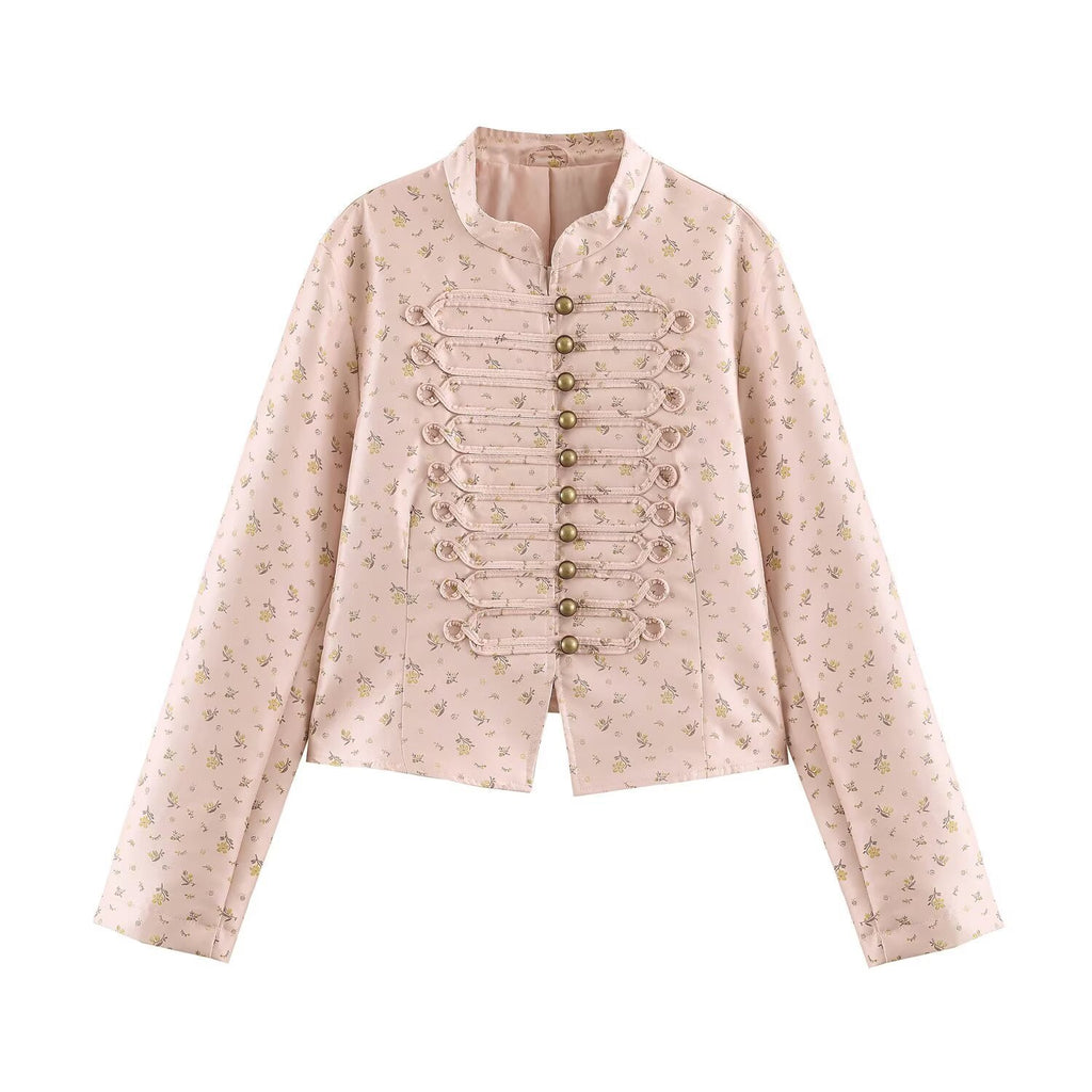 Women Cropped Satin Jacket in Military Style with Decorative Frog Trim Fashion Glam