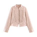 Women Cropped Satin Jacket in Military Style with Decorative Frog Trim Fashion Glam