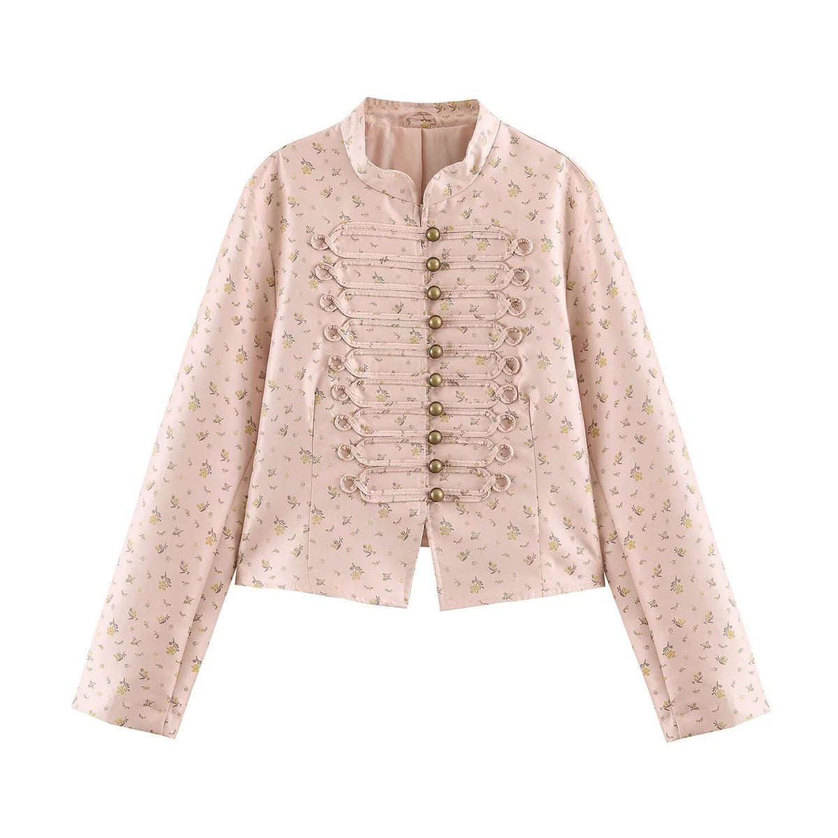 Women Cropped Satin Jacket in Military Style with Decorative Frog Trim Fashion Glam