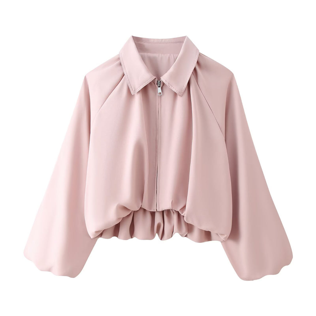 Women's Cropped Bomber Jacket with Shirt Collar, Zipper and Gathered Hem Fashion Glam