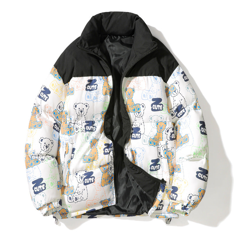 Unisex Quilted Teddy-Print Puffer Jacket with High Collar Fashion Glam