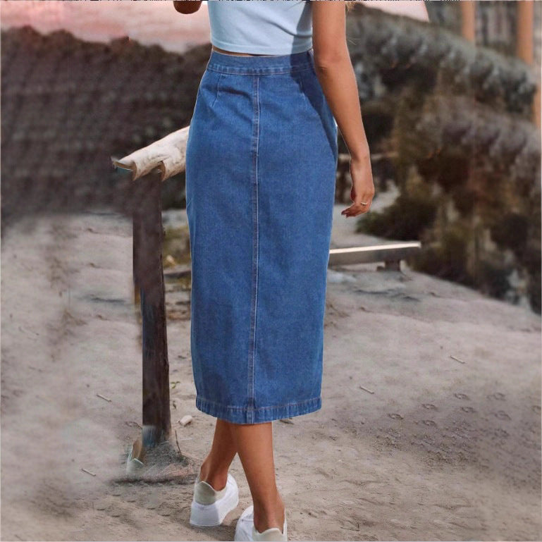 Ladies jeans midi skirt with side button placket and high thigh slit Fashion Glam