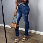 Women High-Waisted Skinny Jeans with Side Flower Embroidery Fashion Glam