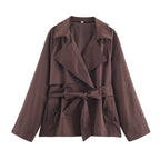 Ladies Cropped Trench Coat with Shawl Collar, Tie Belt and Flap Pockets Fashion Glam