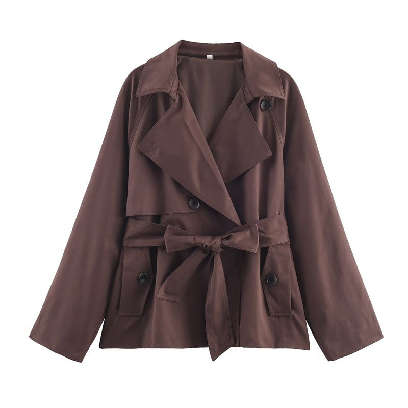 Ladies Cropped Trench Coat with Shawl Collar, Tie Belt and Flap Pockets Fashion Glam