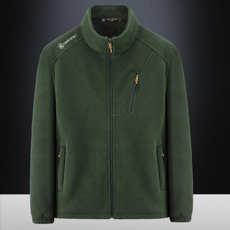 Men's Warm Microfleece Outdoor Jacket with Chest Zipper, Side Pockets and Stand-Up Collar Fashion Glam