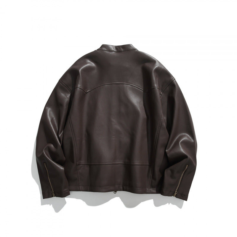 Men's short jacket made of vegan leather with a stand-up collar, three zip pockets, and two-way zipper Fashion Glam
