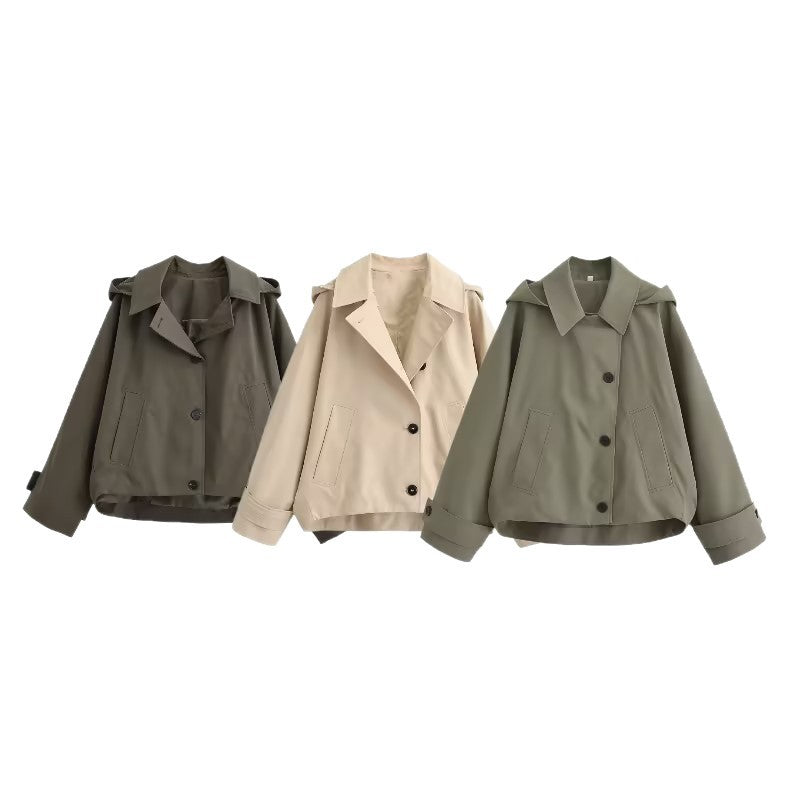 Ladies short trench coat in boxy cut with notch collar and piped patch pockets Fashion Glam