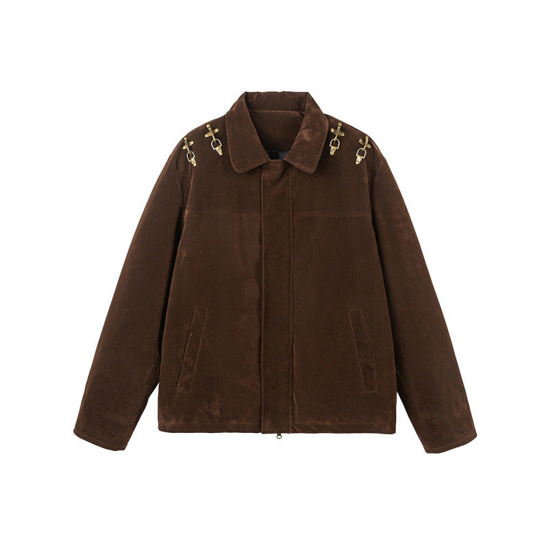 Men's short jacket made of suede look with decorative shoulder buckles and concealed zipper Fashion Glam