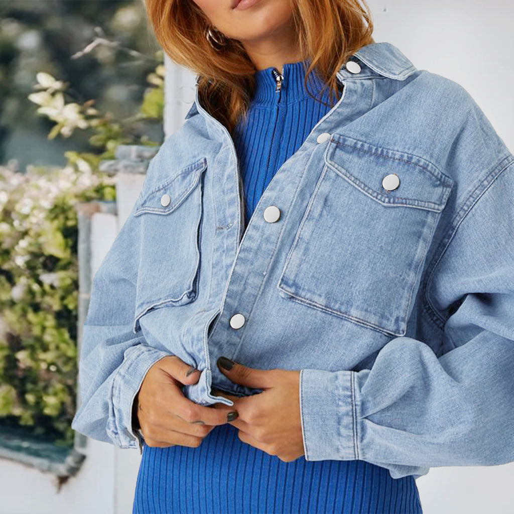 Women's Cropped Oversize Denim Jacket with Snap Button Front and Patch Chest Pockets Fashion Glam