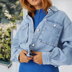 Women's Cropped Oversize Denim Jacket with Snap Button Front and Patch Chest Pockets Fashion Glam