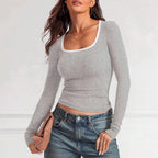 Ladies fitted rib shirt with wide square neckline and contrast edge Fashion Glam
