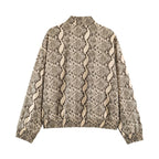Ladies Oversize Bomber Jacket with Snake Print and Elastic Hem Fashion Glam