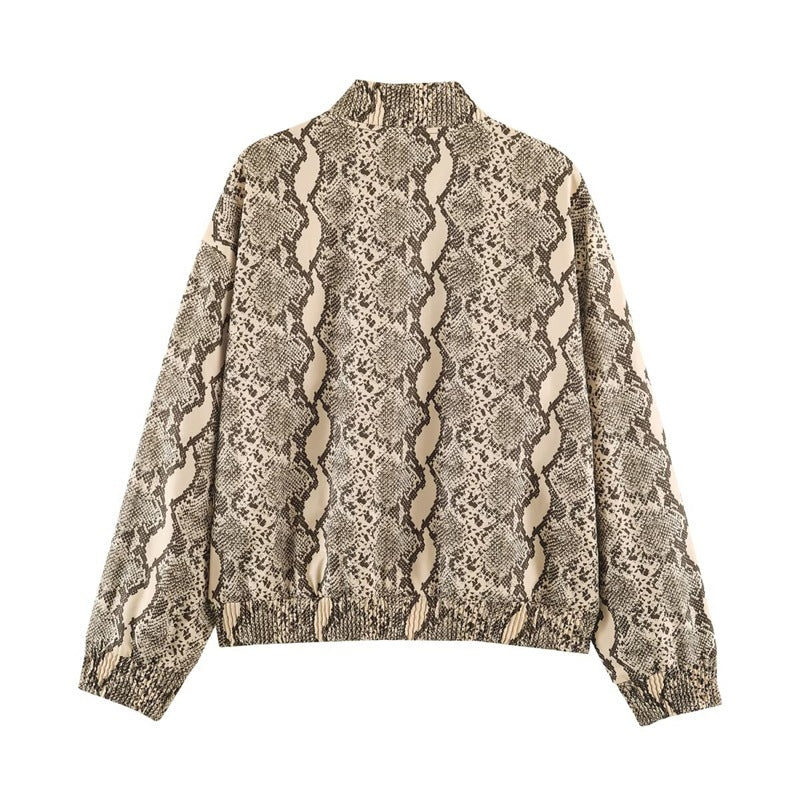 Ladies Oversize Bomber Jacket with Snake Print and Elastic Hem Fashion Glam