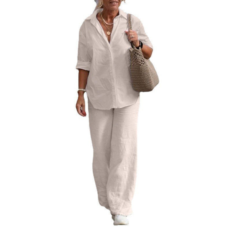 Women's Lightweight Linen Look Two-Piece with Oversized Shirt and Wide Palazzo Pants Fashion Glam