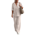 Women's Lightweight Linen Look Two-Piece with Oversized Shirt and Wide Palazzo Pants Fashion Glam