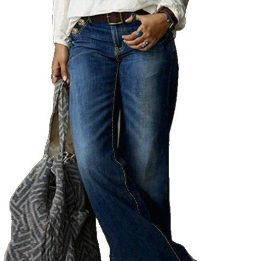 Women's high-waisted wide denim trousers with decorative button placket and casual flare Fashion Glam