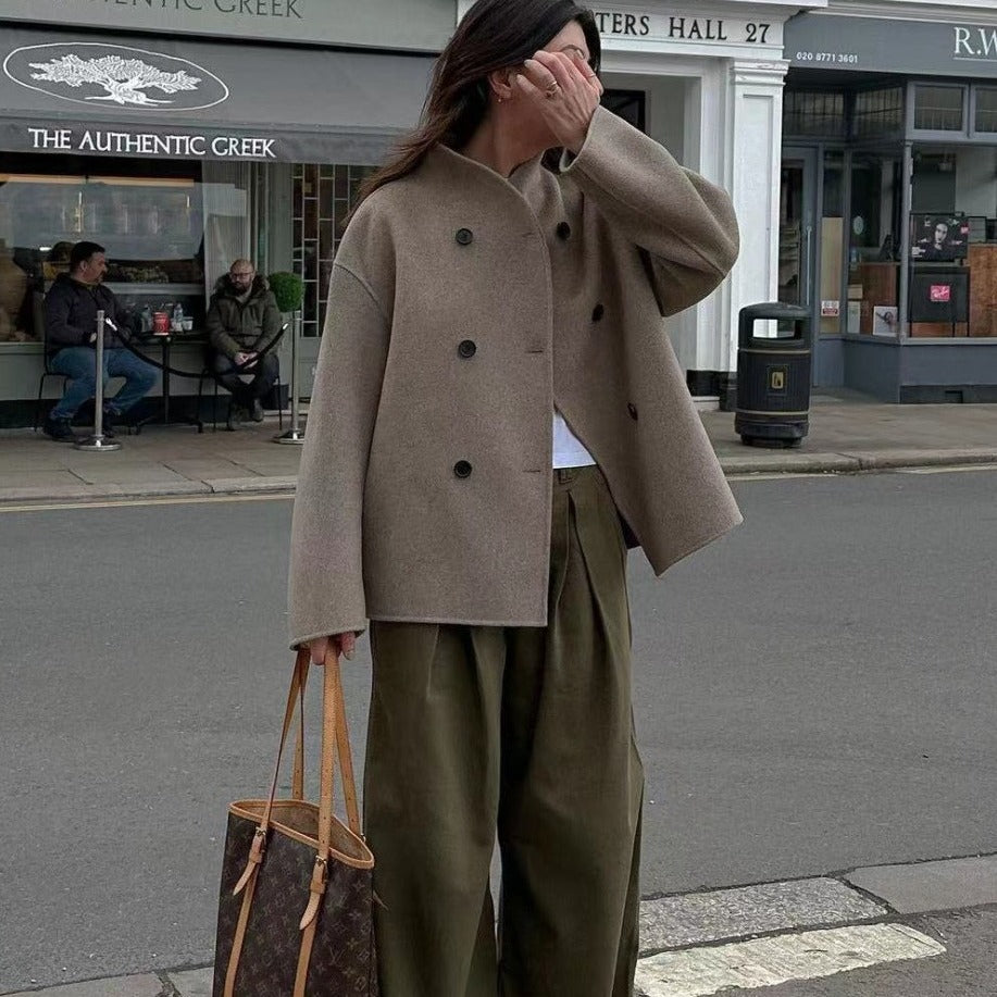 Women Short Double-Breasted Wool Blend Coat with Stand-Up Collar Fashion Glam