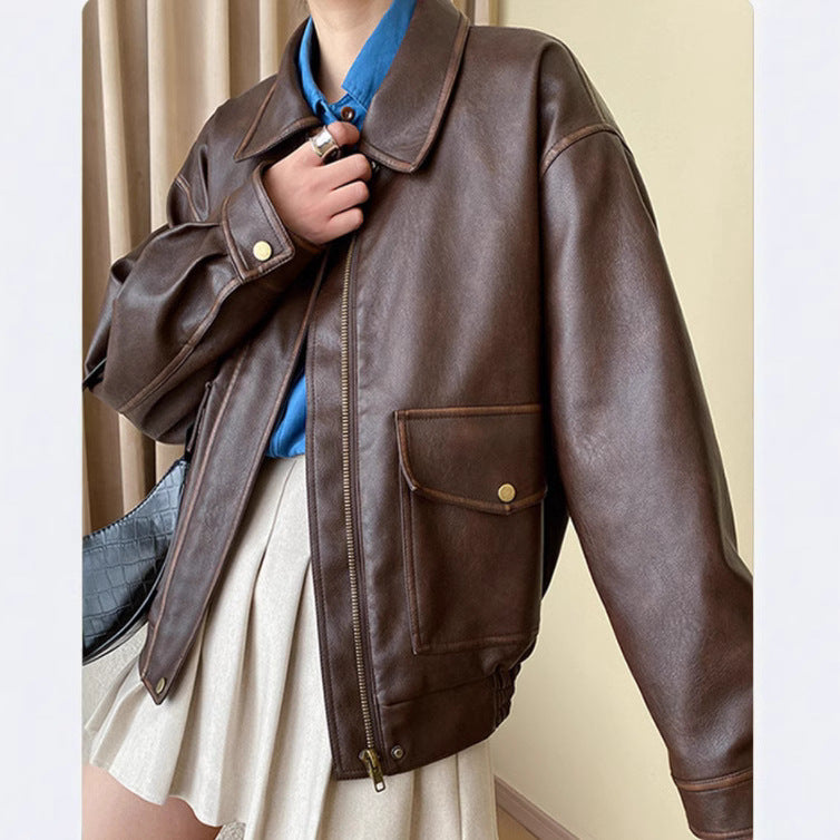 Women's Boxy Faux Leather Pilot Jacket with Flap Pockets and Elastic Hem Fashion Glam