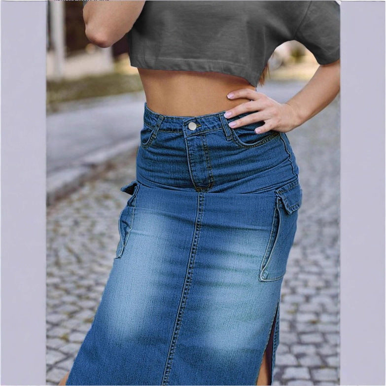 Women's High-Waisted Denim Midi Skirt with Cargo Pockets, Side Slits, and Waist-Defining Cut Fashion Glam