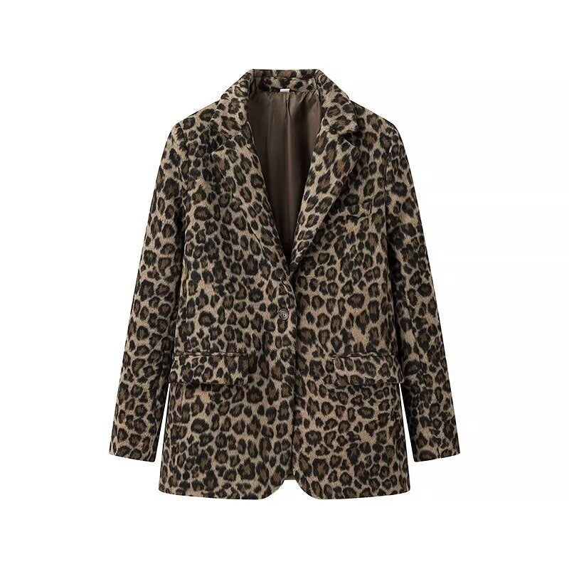 Women's Loose Blazer Coat with Leopard Print and Flap Pockets Fashion Glam