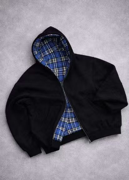 Men's padded hoodie with checked lining and full zip Fashion Glam