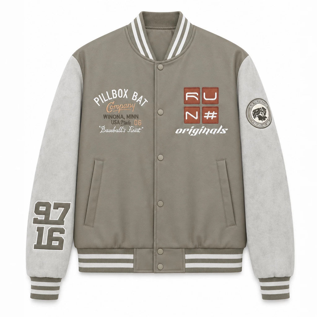Men's varsity bomber jacket in retro college style with faux leather body and contrast sleeves Fashion Glam