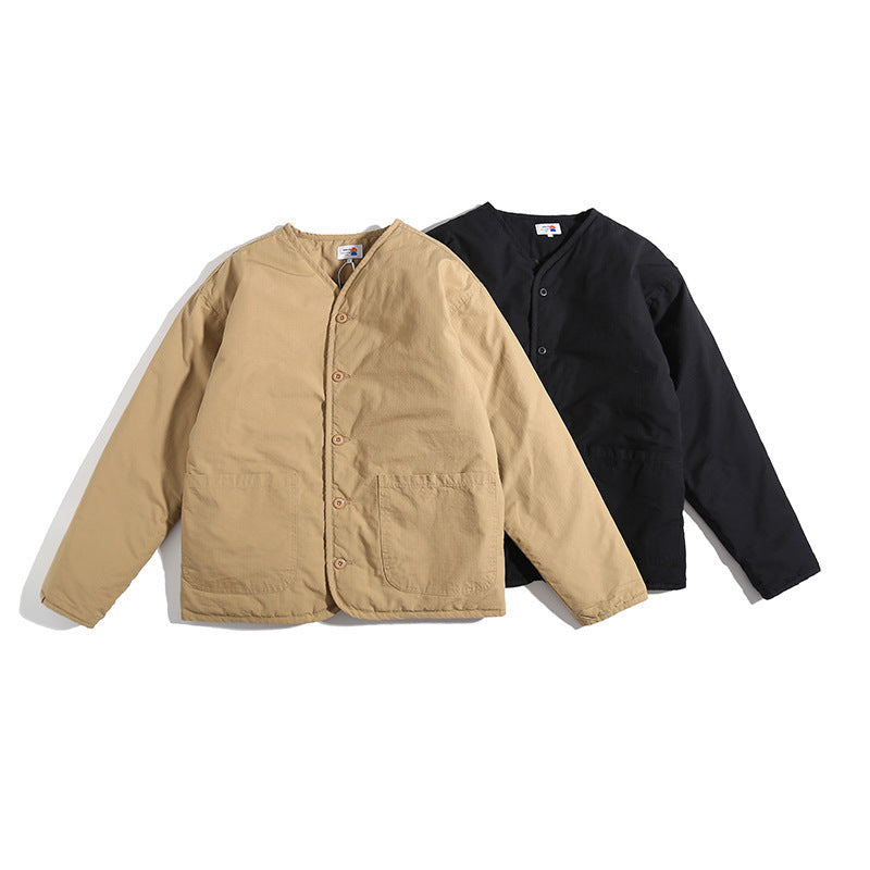 Unisex Lightly Quilted Round Neck Transitional Jacket with Button Placket and Patch Pockets Fashion Glam