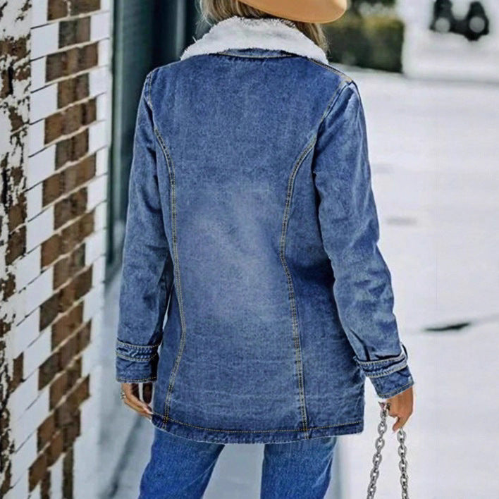 Women's Oversized Denim Jacket with Teddy Lining, Button Placket and Patch Pockets Fashion Glam