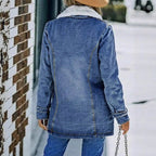 Women's Oversized Denim Jacket with Teddy Lining, Button Placket and Patch Pockets Fashion Glam