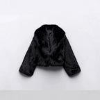Women Short Cropped Faux Fur Blouson with Voluminous Shawl Collar and Soft Inner Lining Fashion Glam