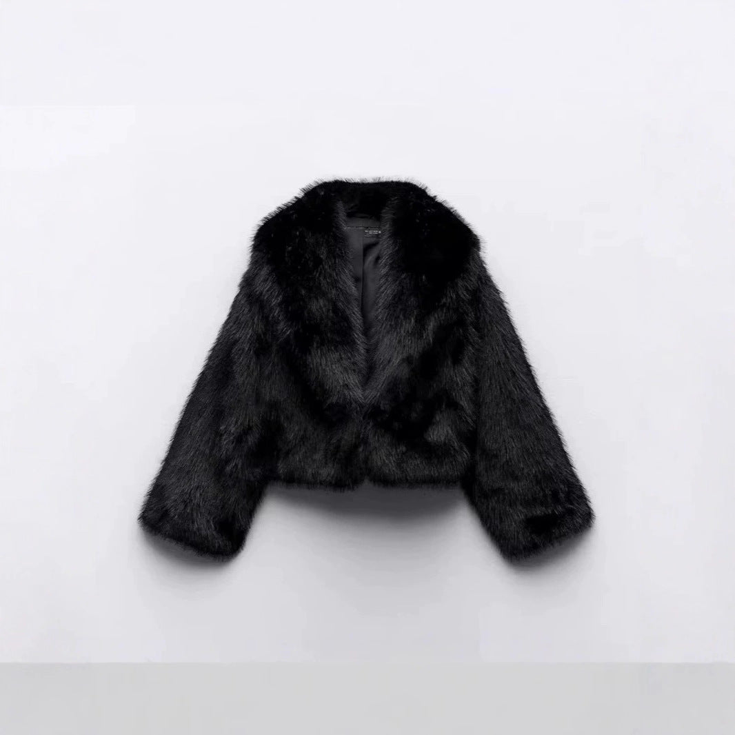 Women Short Cropped Faux Fur Blouson with Voluminous Shawl Collar and Soft Inner Lining Fashion Glam
